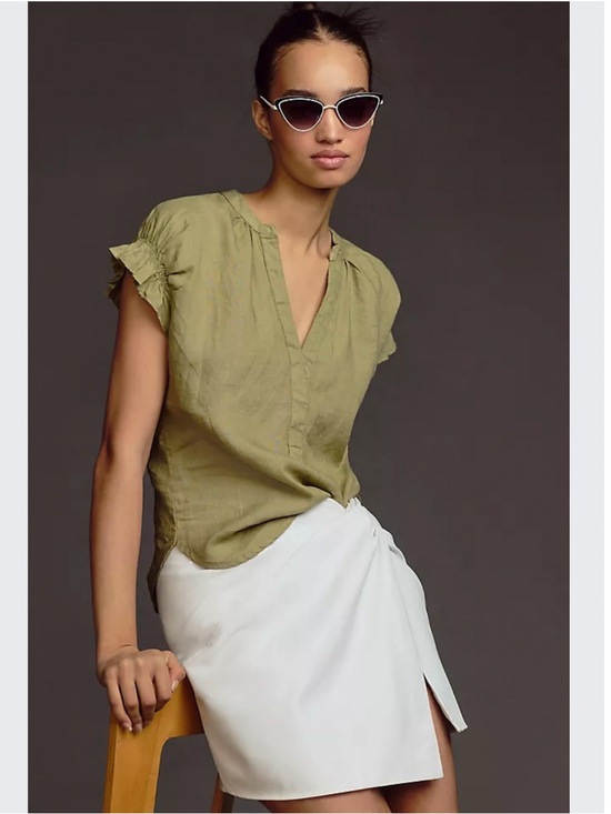 Anthropologie Tops - Anthropologie Olive Green Short Sleeve Split-Neck Blouse